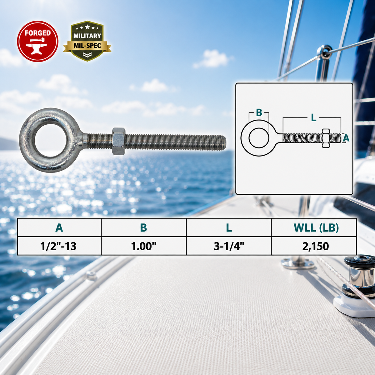 4 Pc Set Marine T316 Stainless Steel Drop Forged Plain Eye Bolt, Rigging Eye Bolt for Boat, Dock, Deck, and Outdoor Hardware