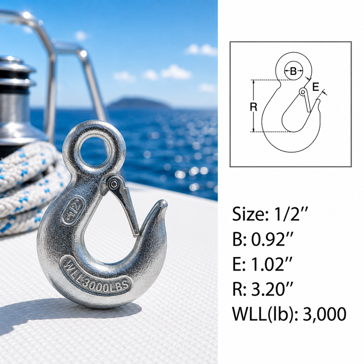 4 Pc Set Marine Drop Forged T316 Stainless Steel Eye Slip Hook, Heavy Duty Rigging Hook for Chain, Rope, Cable, Dock