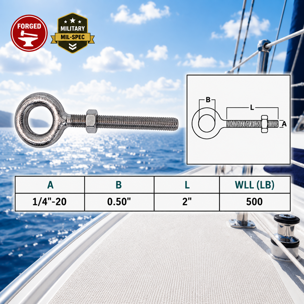 4 Pc Set Marine T316 Stainless Steel Drop Forged Plain Eye Bolt, Rigging Eye Bolt for Boat, Dock, Deck, and Outdoor Hardware