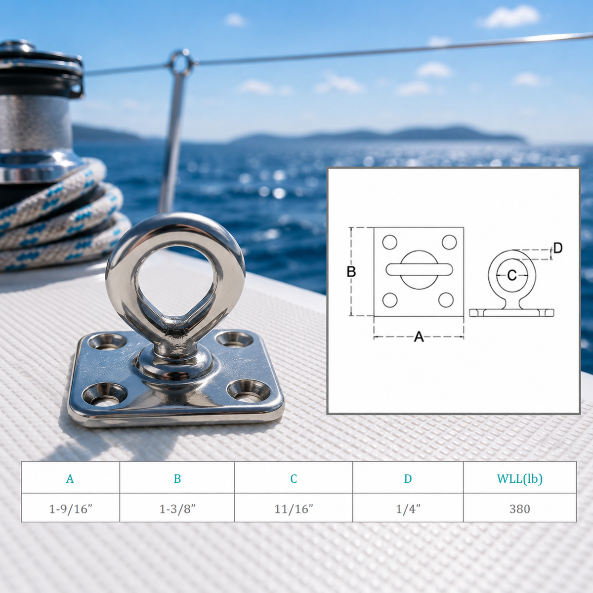 4 Pc Set Marine T316 Stainless Steel Square Swivel Pad Eye, Rigging Lift Rope Anchor Plate for Deck, Dock, Chain