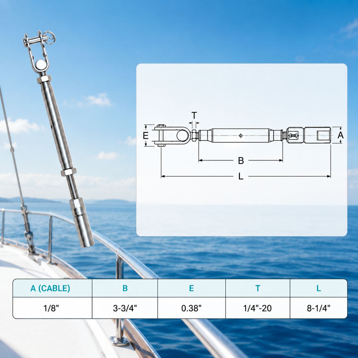 4 Pcs Set Marine T316 Stainless Steel Swageless and Toggle Turnbuckle for Cable Rail, Wire Rope Railing Tensioner for Deck, Stair, Dock
