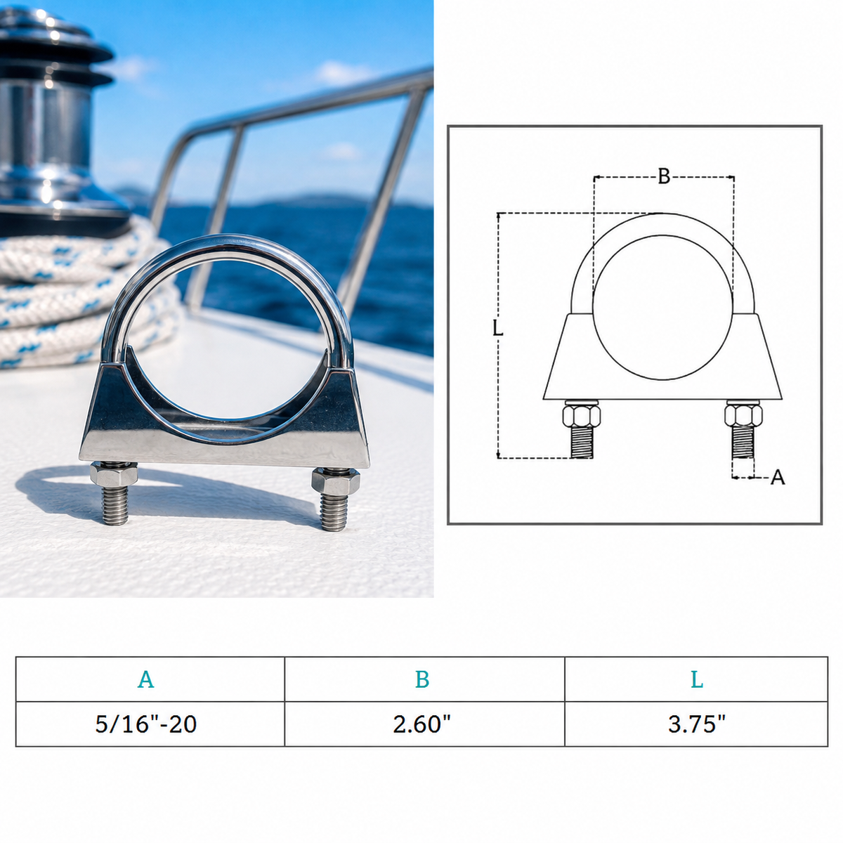 4 Pc Set Marine Stainless Steel Round U-Bolt Exhaust Clamp, Pipe U Bolt Clamp for Boat, Trailer, Automotive