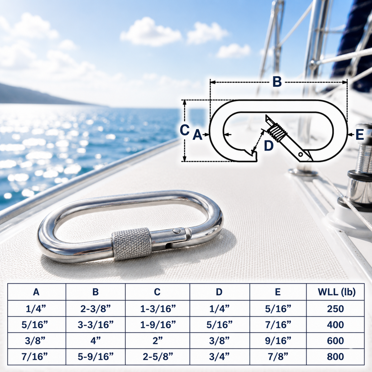 4 Pc Set Marine T316 Stainless Steel Oval Snap Spring Hook with Lock Nut, Safety Snap Hook for Rope, Chain, Cable, and Rigging