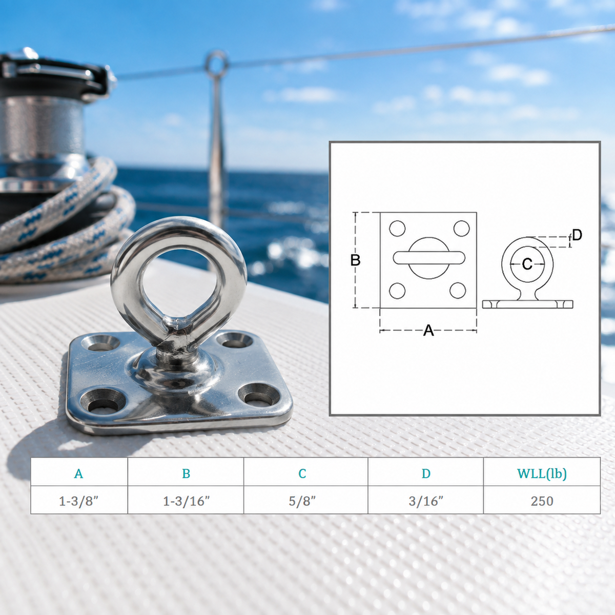 4 Pc Set Marine T316 Stainless Steel Square Swivel Pad Eye, Rigging Lift Rope Anchor Plate for Deck, Dock, Chain