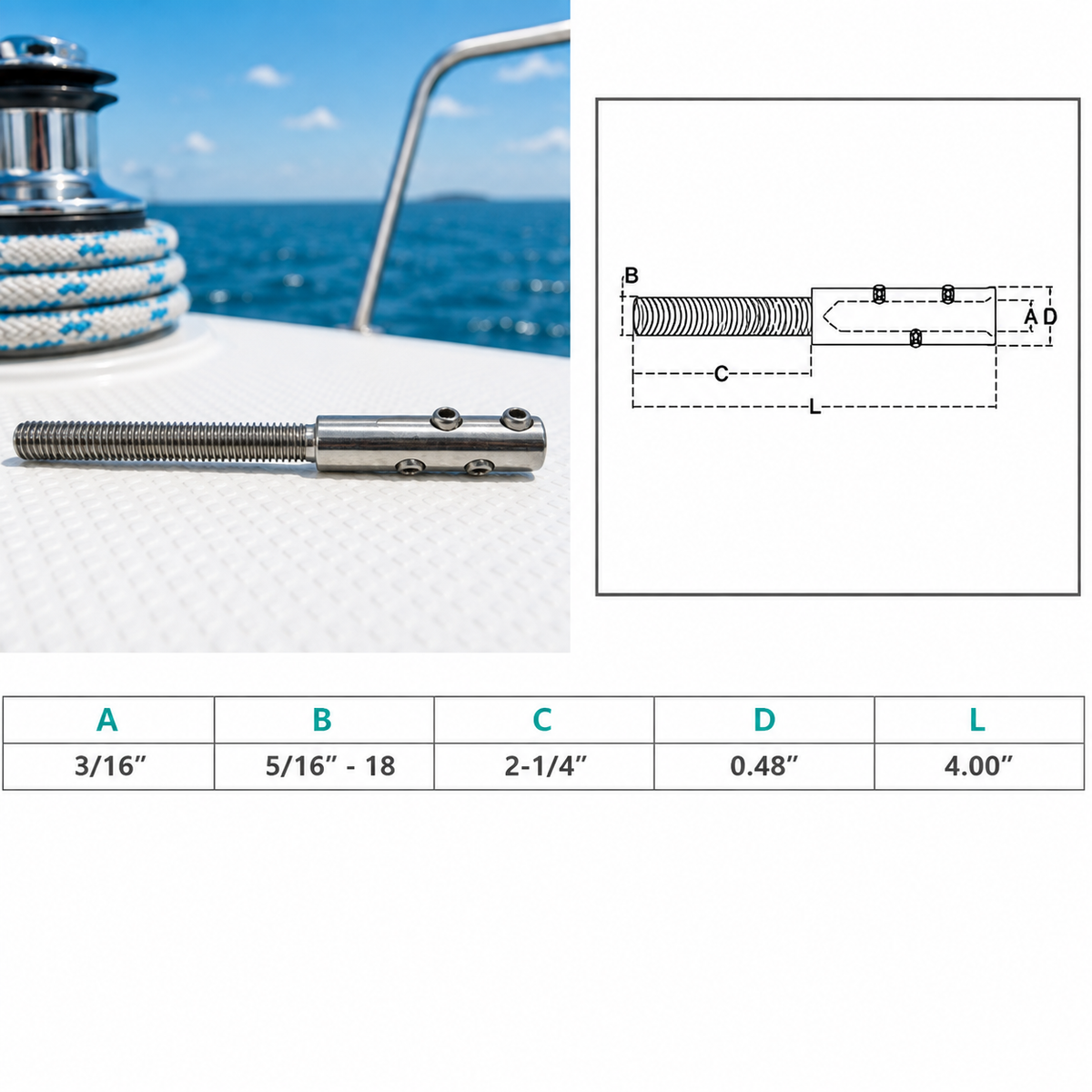 4 Pc Set Stainless Steel T316 Set Screw Threaded Stud for Cable Wire, Marine Cable Railing Stud for Deck, Dock