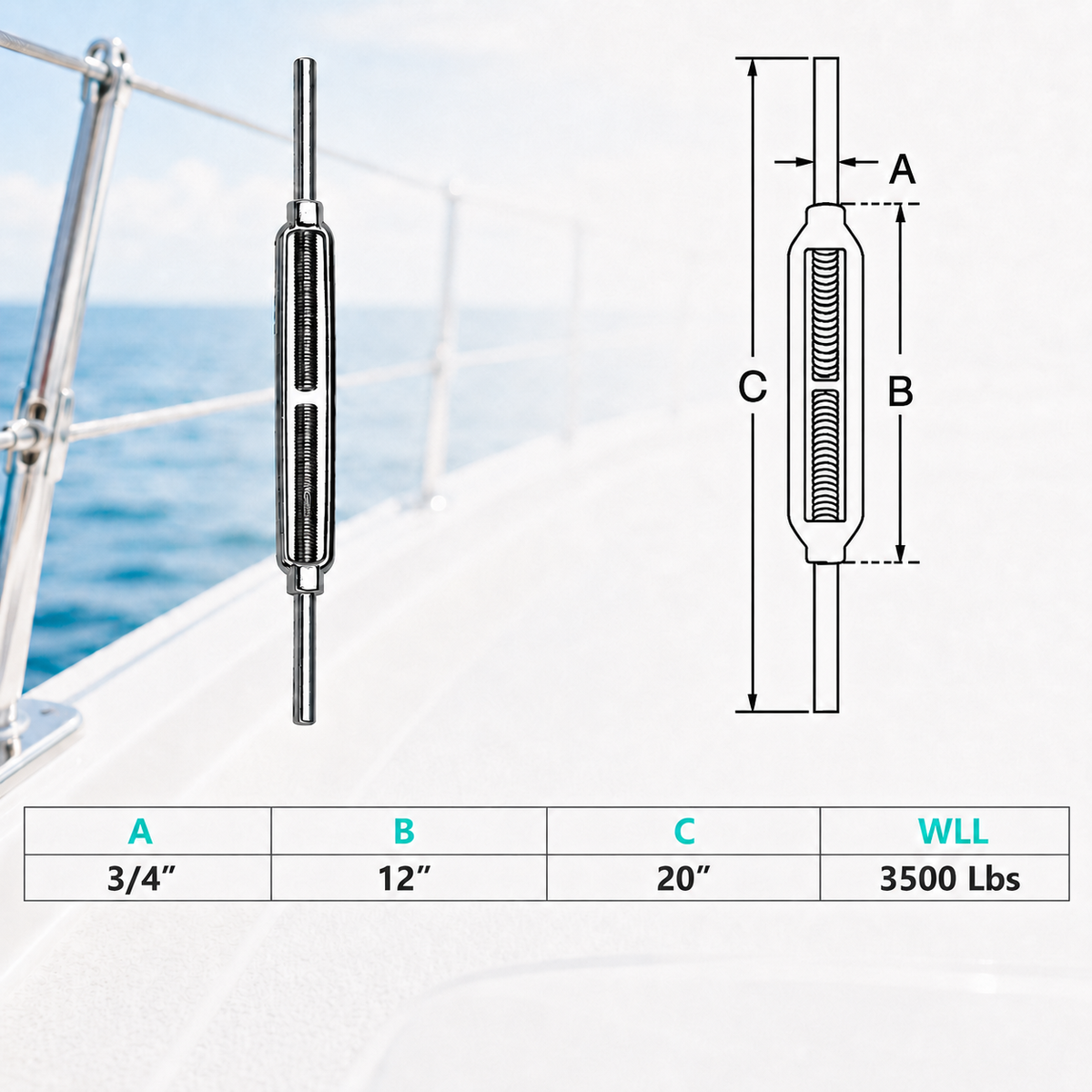 4 Pc Set Marine T316 Stainless Steel Stub End Turnbuckle, Adjustable Rigging Tensioner for Cable, Wire Rope, Dock