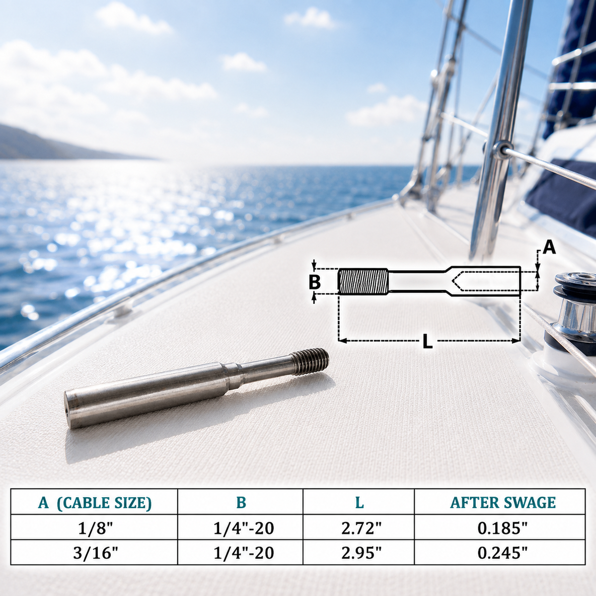 4 Pc Set T316 Stainless Steel 1/4" Stud Hand Swage Slimline Stud for 1/8" 3/16" Cable, Marine Wire Rope Railing Fitting