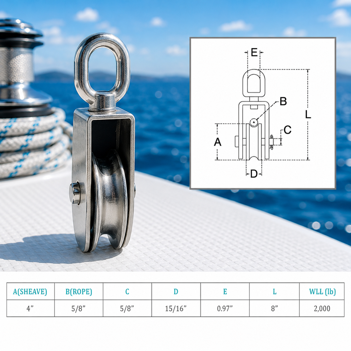 4 Pc Set Marine Stainless Steel Sheave Square Block for Rope Wire Pulley, Boat Rigging Pulley Block for Cable, Rope, Dock