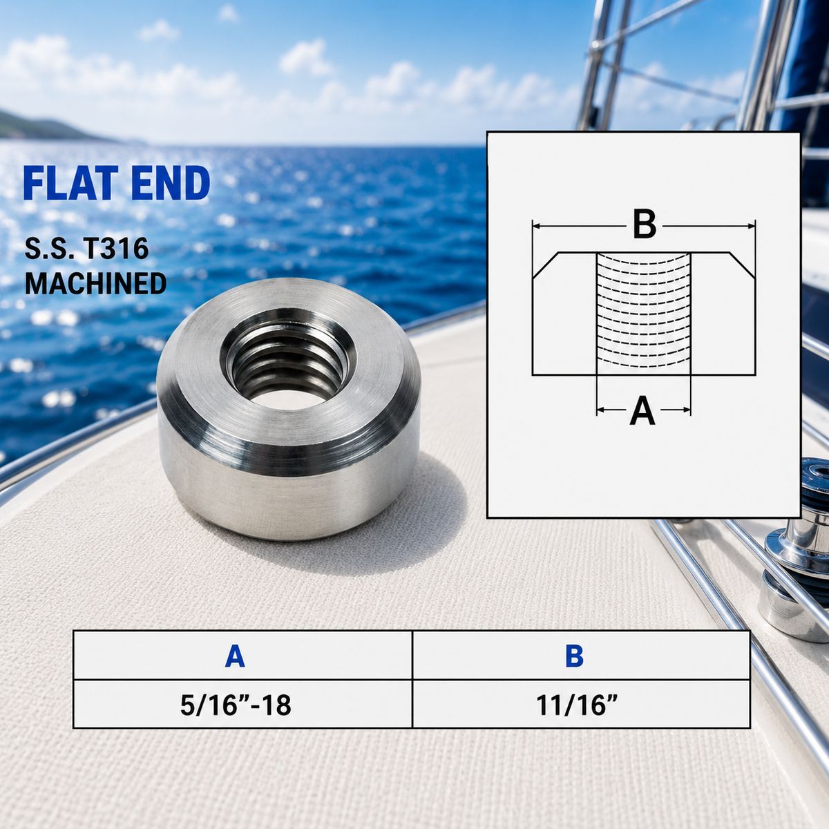 4 Pc Set Marine T316 Stainless Steel Thread Flat End Hardware Nut, Cable Railing and Rigging Fastener for Deck, Dock, and Outdoor Use