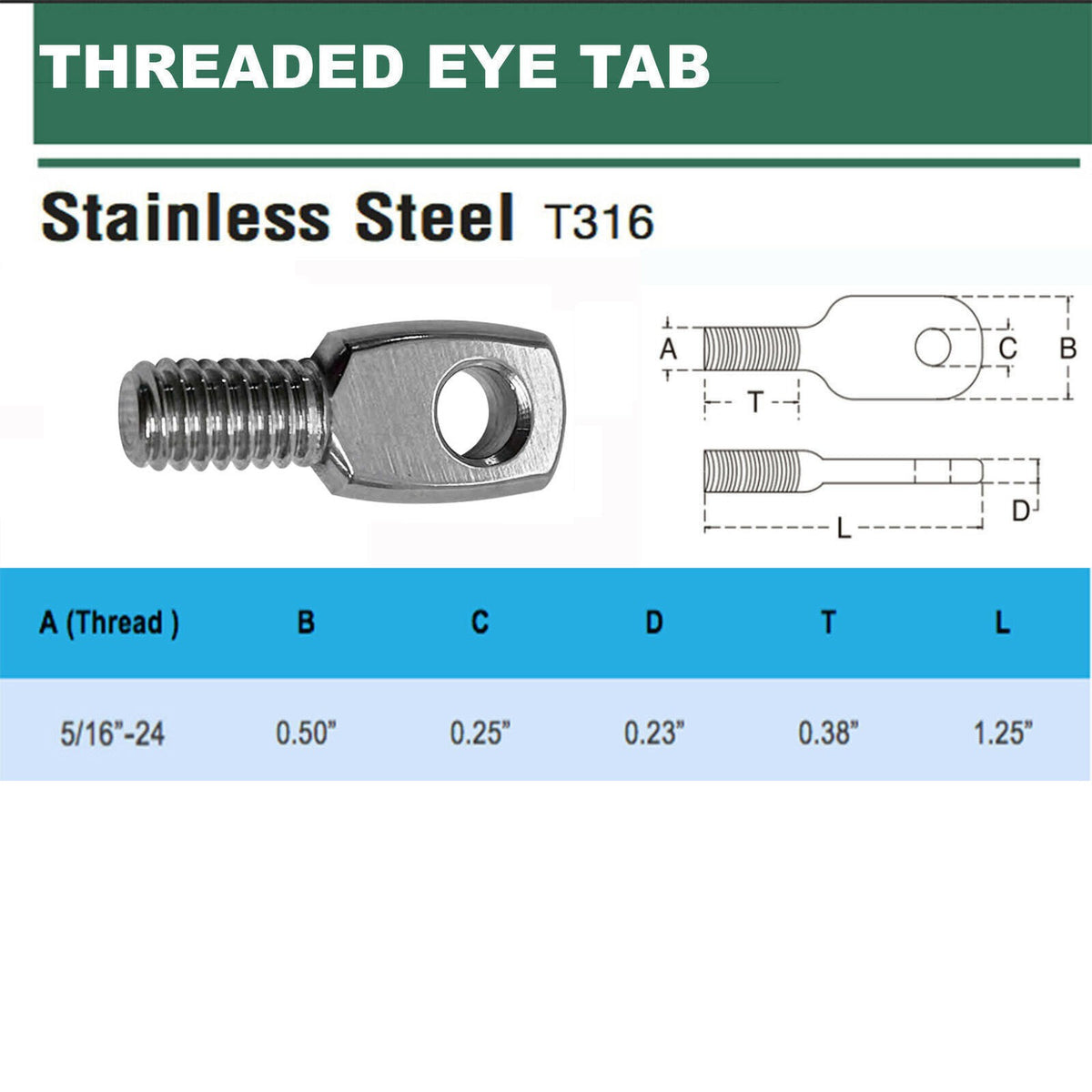 T316 Stainless Steel Threaded Eye Tab 5 Pack, 5/16"-18, 5/16"-24, and 5/16" Lag Thread Marine Grade Cable Hardware