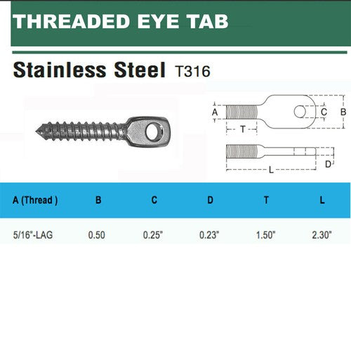T316 Stainless Steel Threaded Eye Tab 5 Pack, 5/16"-18, 5/16"-24, and 5/16" Lag Thread Marine Grade Cable Hardware