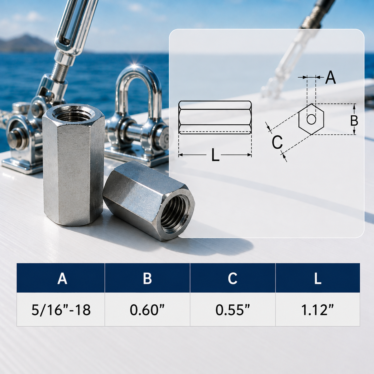 4 Pc Set Marine T316 Stainless Steel Coupling Nut, Hex Connecting Nut Threaded Hardware for Rigging, Rod, Bolt, Dock