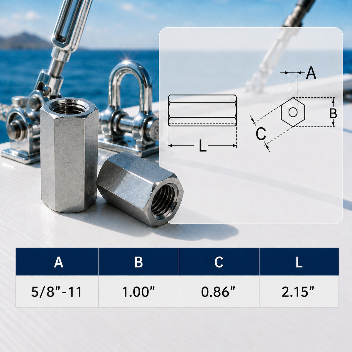 4 Pc Set Marine T316 Stainless Steel Coupling Nut, Hex Connecting Nut Threaded Hardware for Rigging, Rod, Bolt, Dock