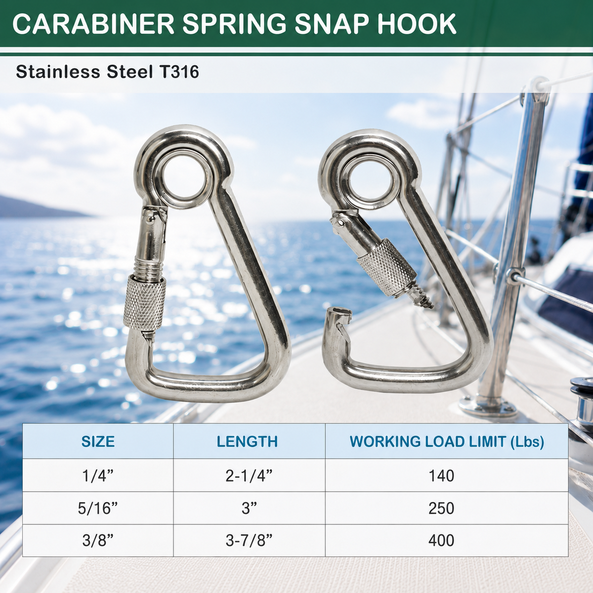 T316 Stainless Steel Angle Spring Snap Hook with Eyelet and Screw, 5 Pack Marine Grade Boat Clip for Rope and Cable