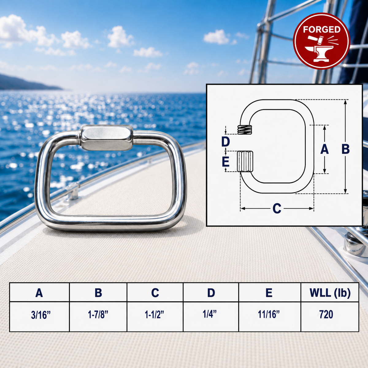 4 Pc Set Marine T316 Stainless Steel Square Quick Link, Locking Carabiner Connector for Chain, Rope, Cable, and Rigging