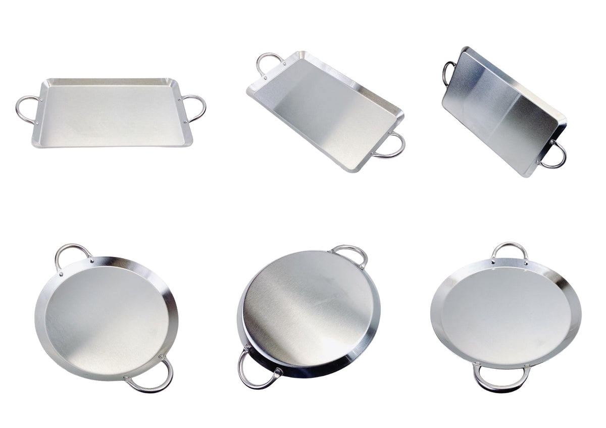 ROUND, RECTANGULAR Stainless Steel Serving Platter – Ottoman Tray with Handles for Kitchen, Parties & Decorative Display