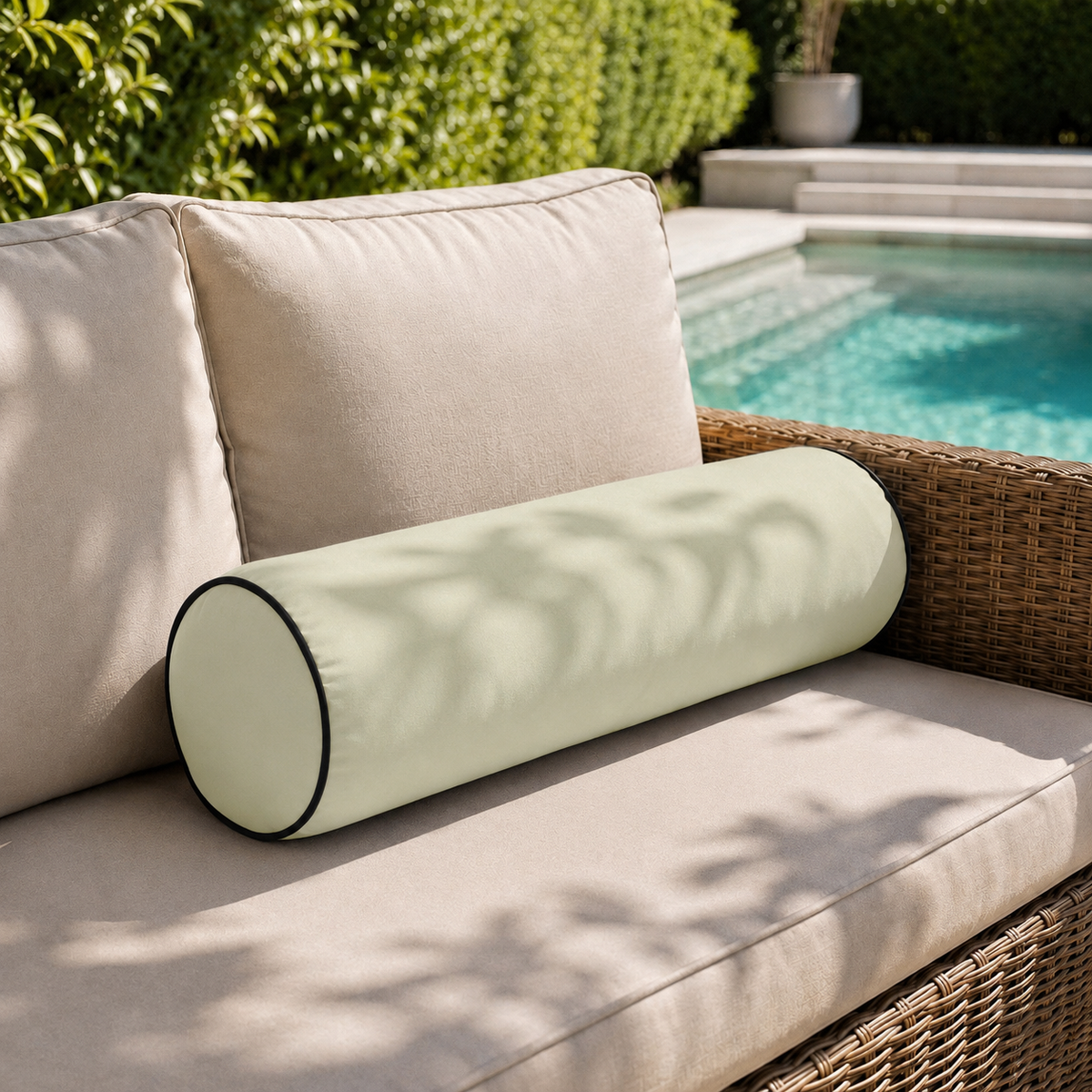 |COVER ONLY| Contrast Trim Medium Size 24x6 Outdoor Bolster Pillow Water Repellent Decorative Bolster Pillow for Porch Swing Couch Sofa Cushion Patio Furniture AD005