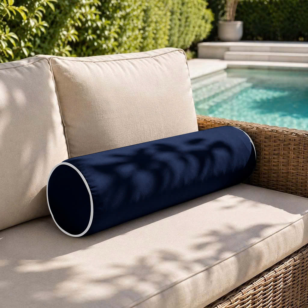 |COVER ONLY| Contrast Trim Medium Size 24x6 Outdoor Bolster Pillow Water Repellent Decorative Bolster Pillow for Porch Swing Couch Sofa Cushion Patio Furniture AD101