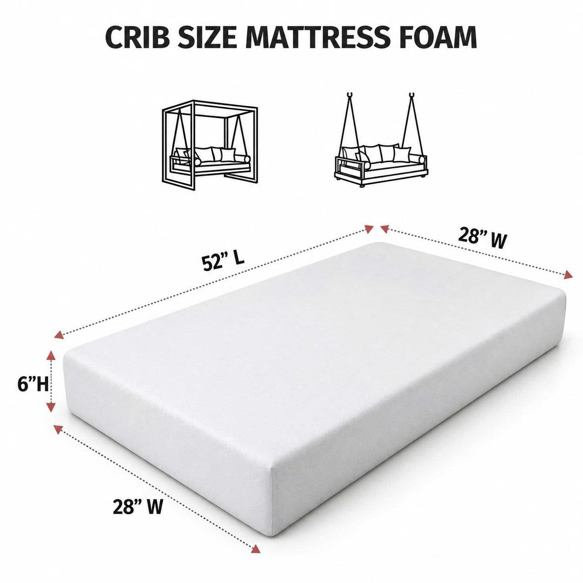 Replacement Outdoor Foam Daybed Mattress High Density 1.8 PCF Medium Firm For Patio Daybed Porch Swing Bed, 6" Thickness