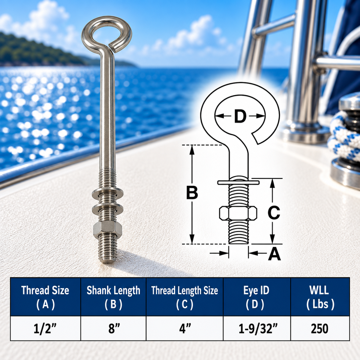 10 Pc Set Marine T316 Stainless Steel Turned Eye Bolt with Nut and Washers, Boat Rigging Eye Bolt for Deck, Dock, and Outdoor Use