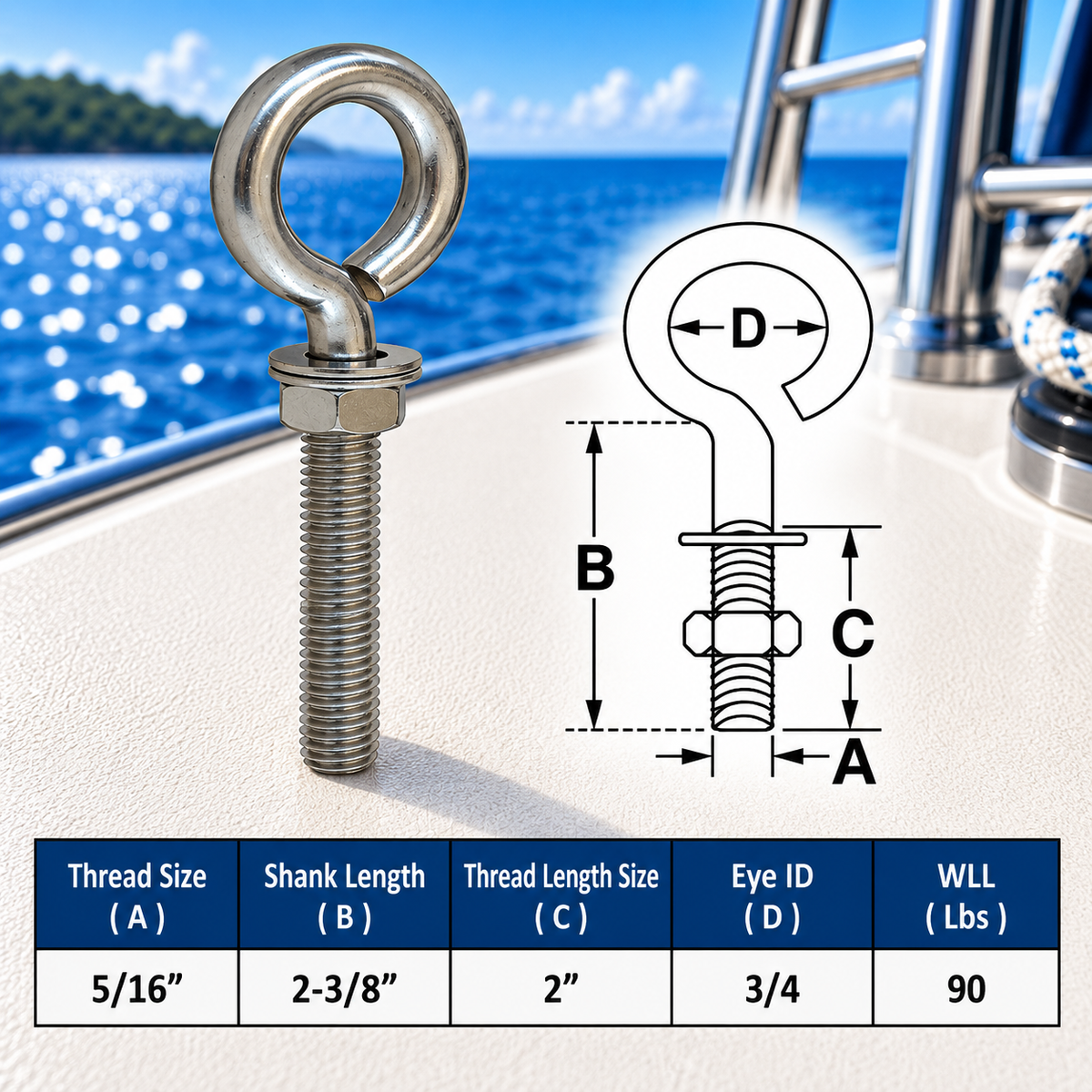 10 Pc Set Marine T316 Stainless Steel Turned Eye Bolt with Nut and Washers, Boat Rigging Eye Bolt for Deck, Dock, and Outdoor Use