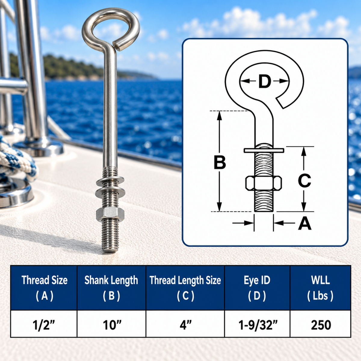 10 Pc Set Marine T316 Stainless Steel Turned Eye Bolt with Nut and Washers, Boat Rigging Eye Bolt for Deck, Dock, and Outdoor Use