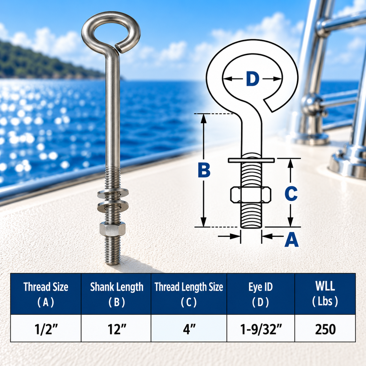 10 Pc Set Marine T316 Stainless Steel Turned Eye Bolt with Nut and Washers, Boat Rigging Eye Bolt for Deck, Dock, and Outdoor Use
