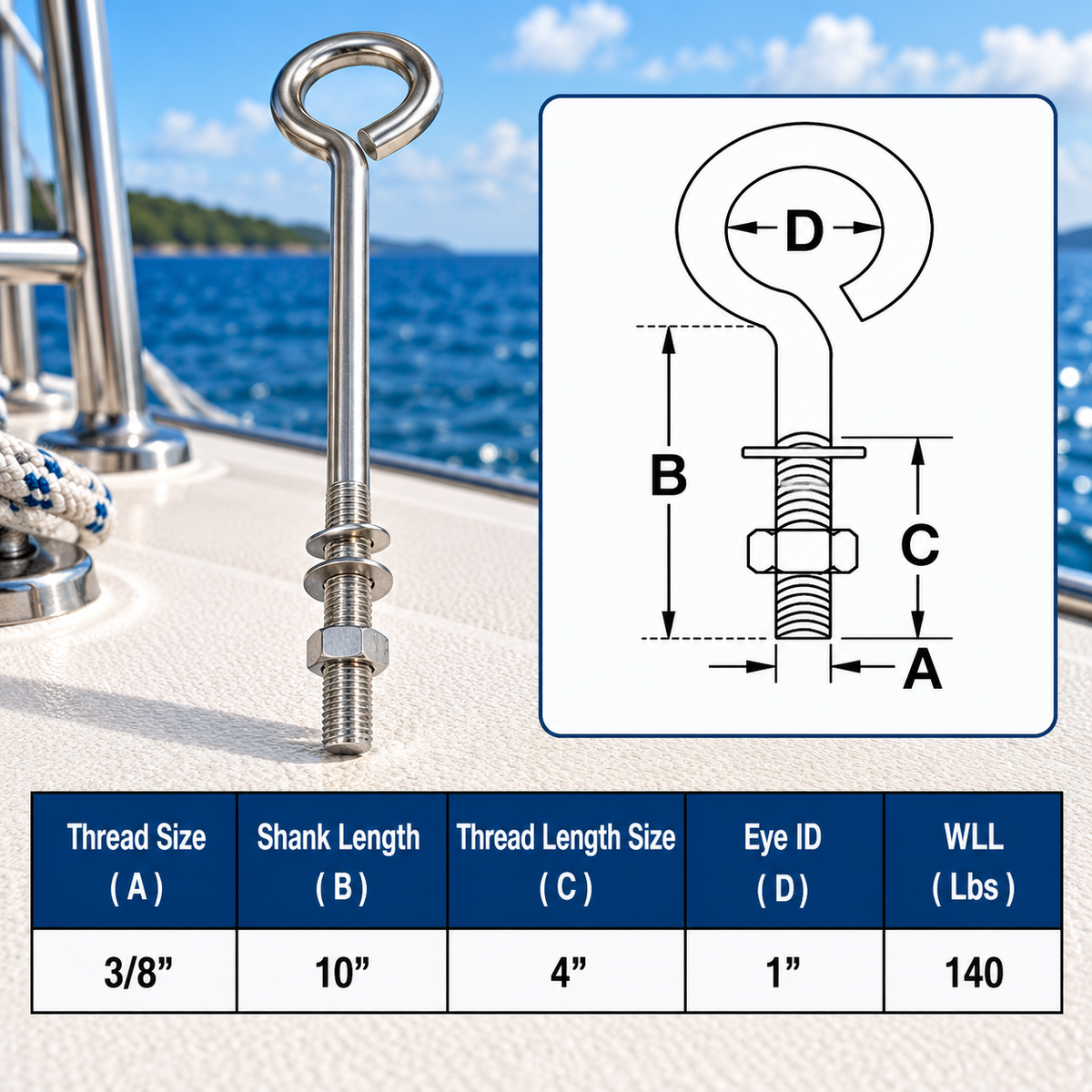 10 Pc Set Marine T316 Stainless Steel Turned Eye Bolt with Nut and Washers, Boat Rigging Eye Bolt for Deck, Dock, and Outdoor Use