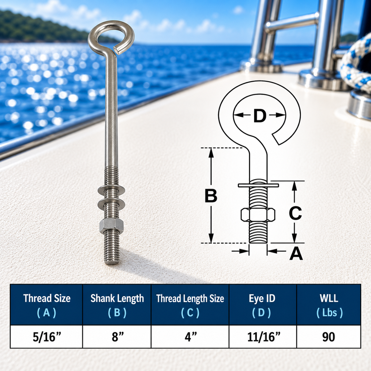10 Pc Set Marine T316 Stainless Steel Turned Eye Bolt with Nut and Washers, Boat Rigging Eye Bolt for Deck, Dock, and Outdoor Use