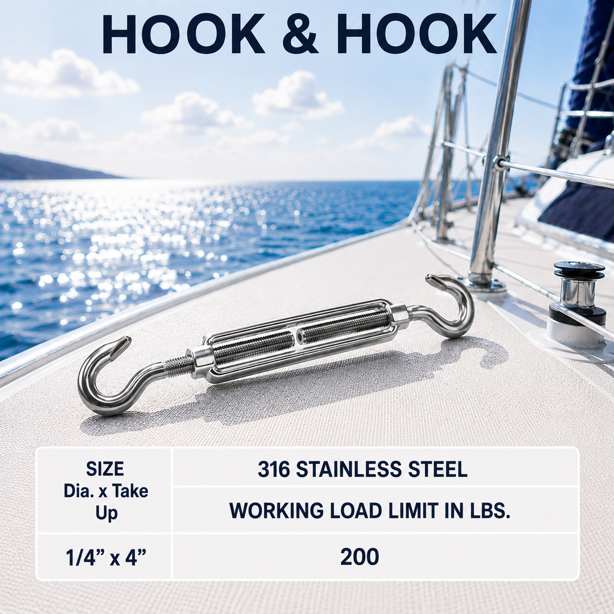 T316 Stainless Steel Hook Hook and Jaw Jaw Turnbuckle, Marine Swivel Lift Rigging Tensioner for Cable, Chain, and Rope