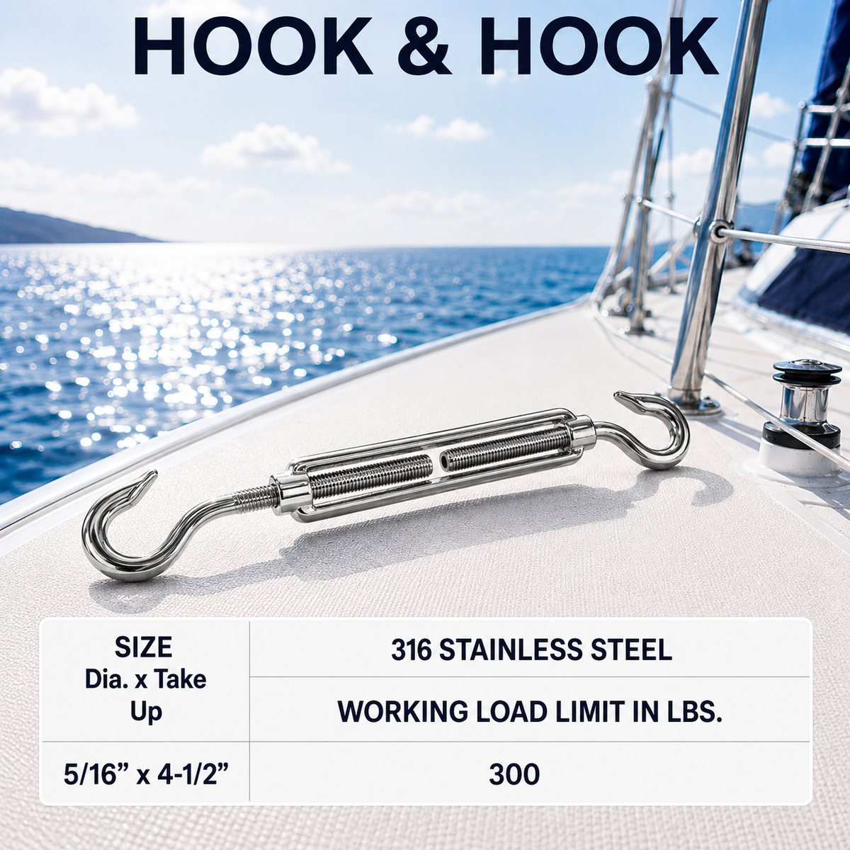 T316 Stainless Steel Hook Hook and Jaw Jaw Turnbuckle, Marine Swivel Lift Rigging Tensioner for Cable, Chain, and Rope
