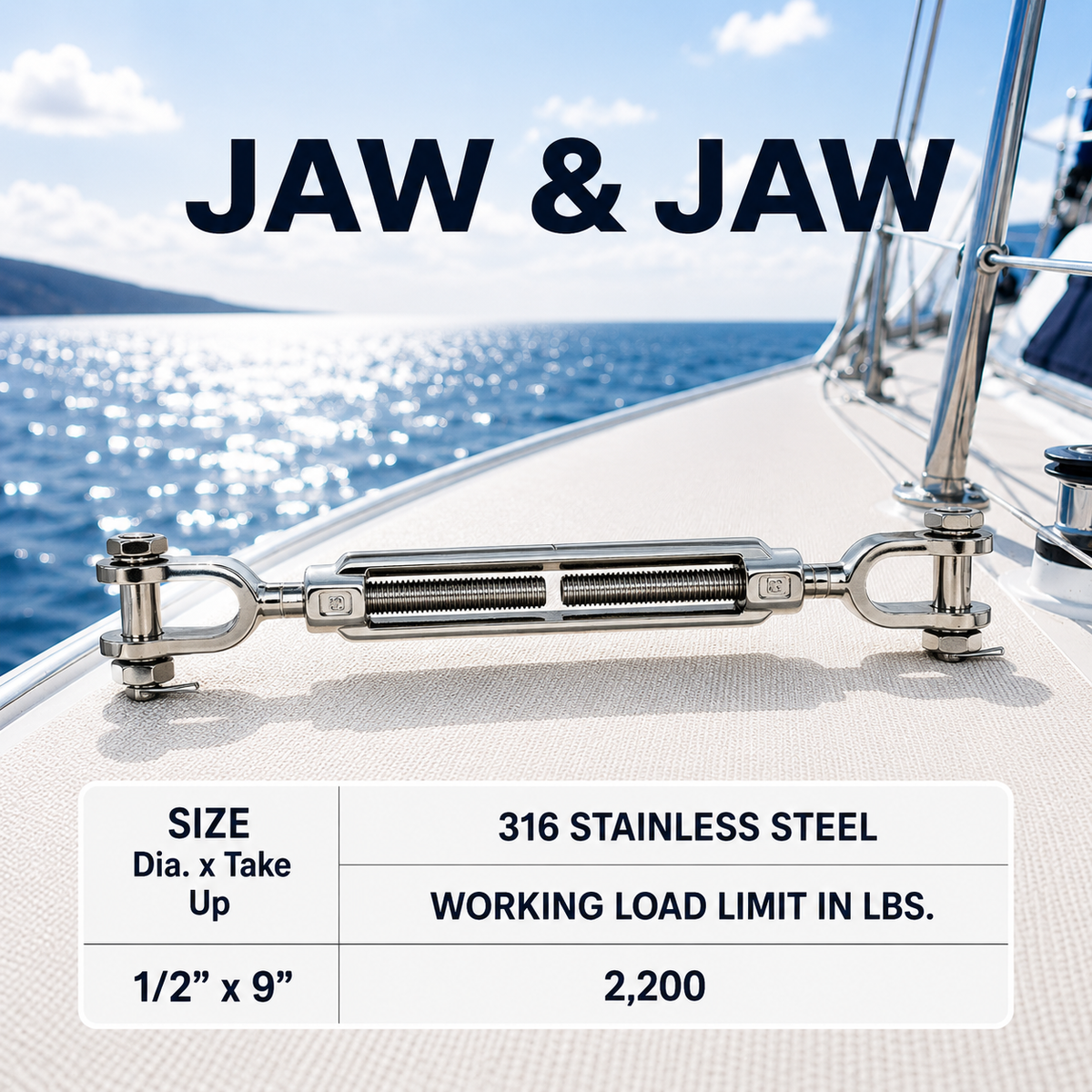 T316 Stainless Steel Hook Hook and Jaw Jaw Turnbuckle, Marine Swivel Lift Rigging Tensioner for Cable, Chain, and Rope