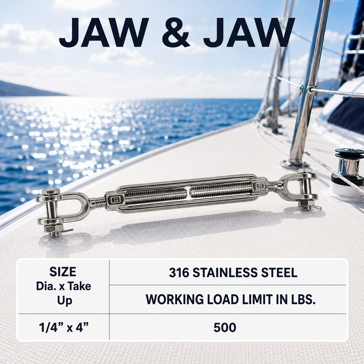 T316 Stainless Steel Hook Hook and Jaw Jaw Turnbuckle, Marine Swivel Lift Rigging Tensioner for Cable, Chain, and Rope