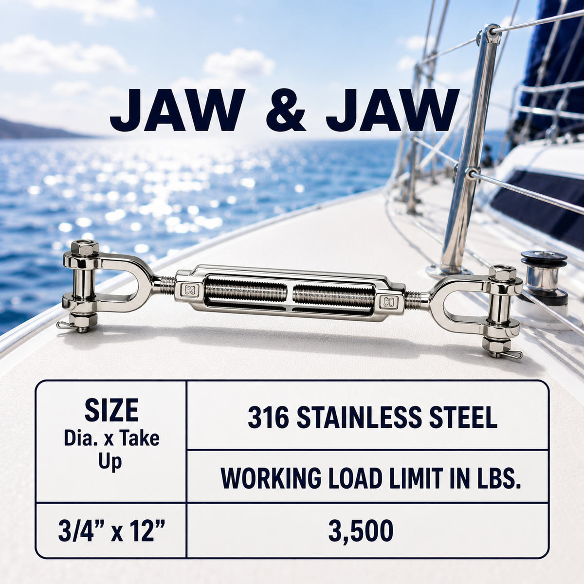T316 Stainless Steel Hook Hook and Jaw Jaw Turnbuckle, Marine Swivel Lift Rigging Tensioner for Cable, Chain, and Rope