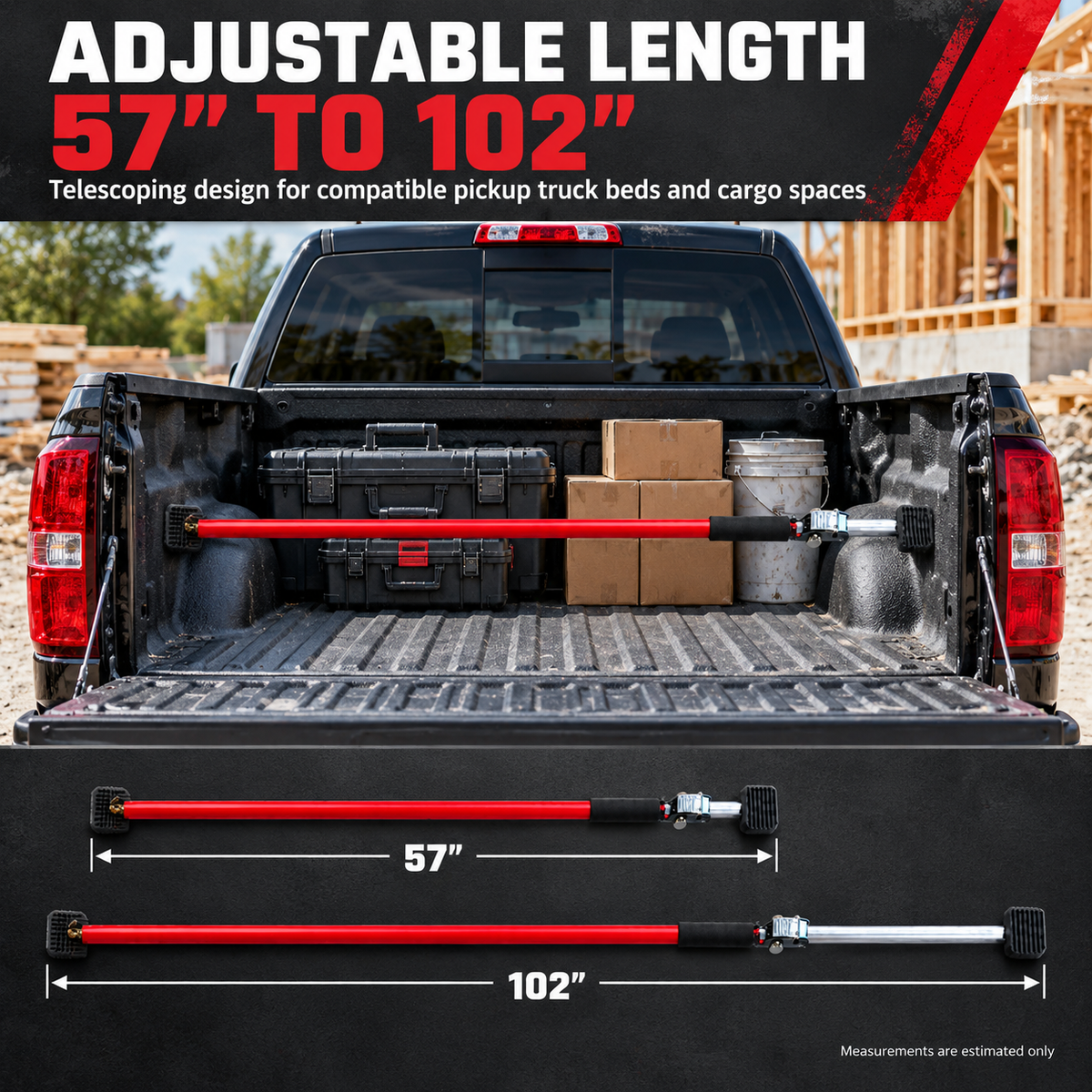 Adjustable Truck Bed Cargo Support Bar 57"–102" Heavy Duty Telescoping Load Stabilizer Rod, Non-Slip Rubber Pads, Rust-Resistant Steel, Fits Most Pickup Beds