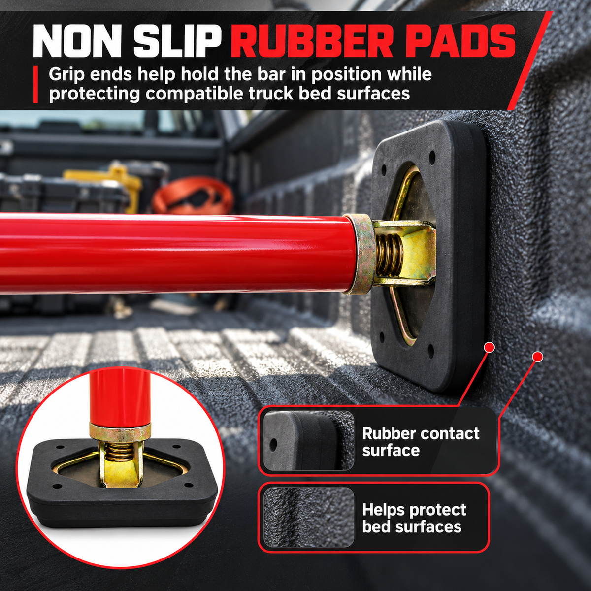Adjustable Truck Bed Cargo Support Bar 57"–102" Heavy Duty Telescoping Load Stabilizer Rod, Non-Slip Rubber Pads, Rust-Resistant Steel, Fits Most Pickup Beds