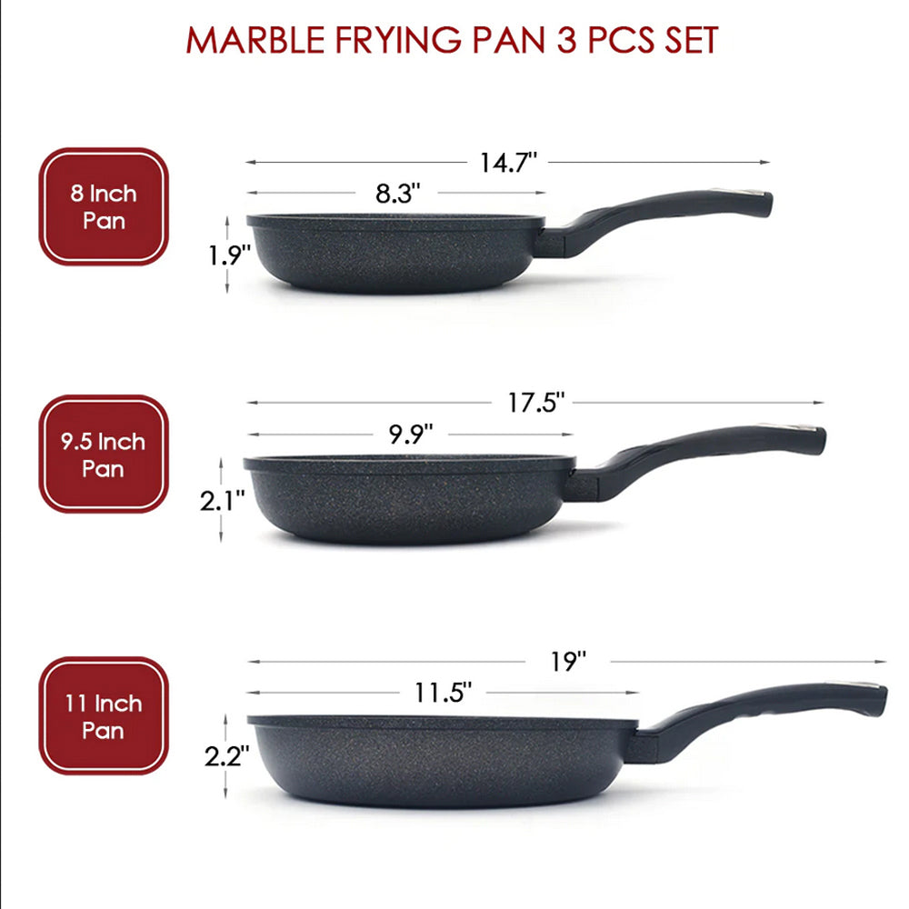 3 Pc Marble Coating Frying Pan Set Non-Stick Cookware 20cm 24cm 28cm