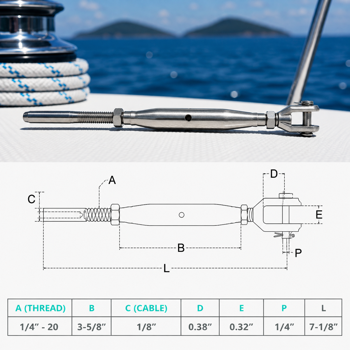 4 Pc Set Marine T316 Stainless Steel 1/4" Thread Fork and Hand Swage Stud Turnbuckle for 1/8" 3/16" Cable Wire