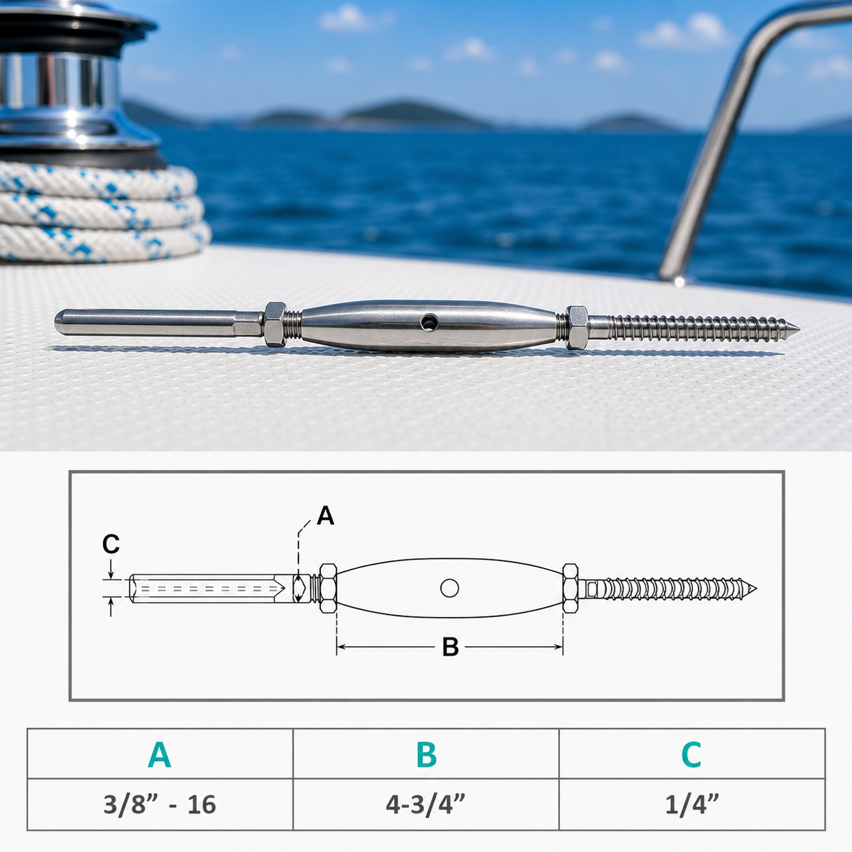 4 Pc Set Marine T316 Stainless Steel Threaded Lag and Swage Stud Turnbuckle, Cable Wire Rope Tensioner