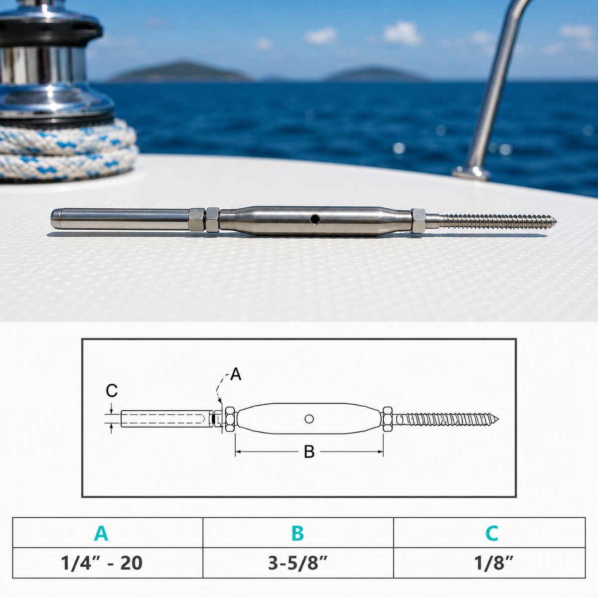 4 Pc Set Marine T316 Stainless Steel Threaded Lag and Swage Stud Turnbuckle, Cable Wire Rope Tensioner