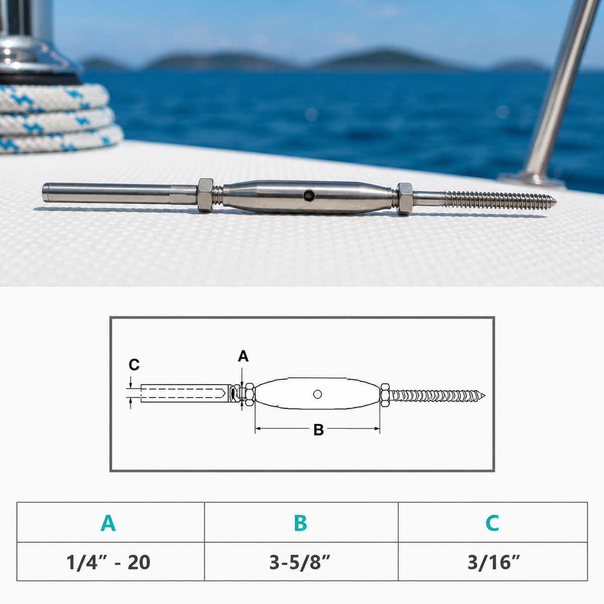 4 Pc Set Marine T316 Stainless Steel Threaded Lag and Swage Stud Turnbuckle, Cable Wire Rope Tensioner