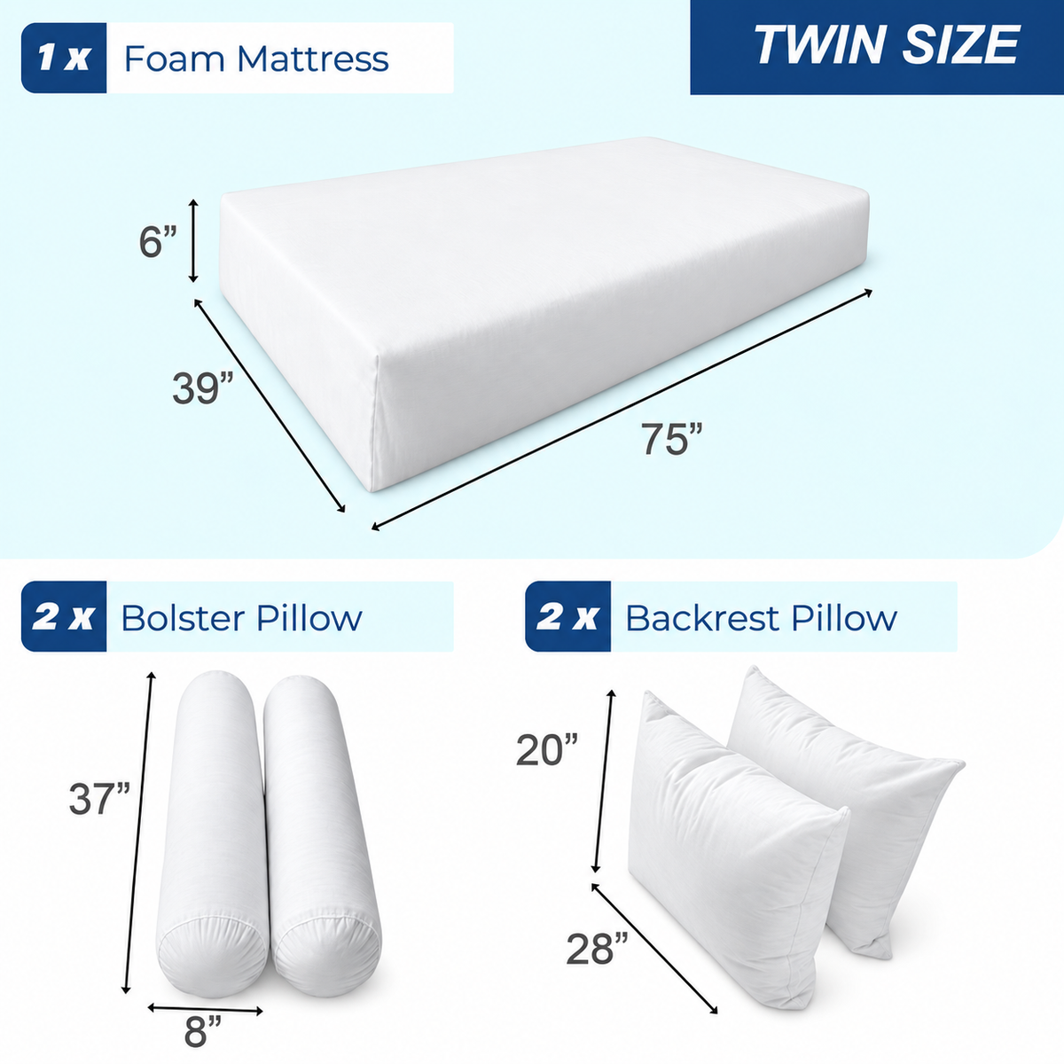 STYLE 1 Twin Size Mattress Foam, Pillow & Bolster Cushion Polyester Fiberfill Inserts for Outdoor Indoor Daybed Porch Swing Bed | INSERT ONLY |