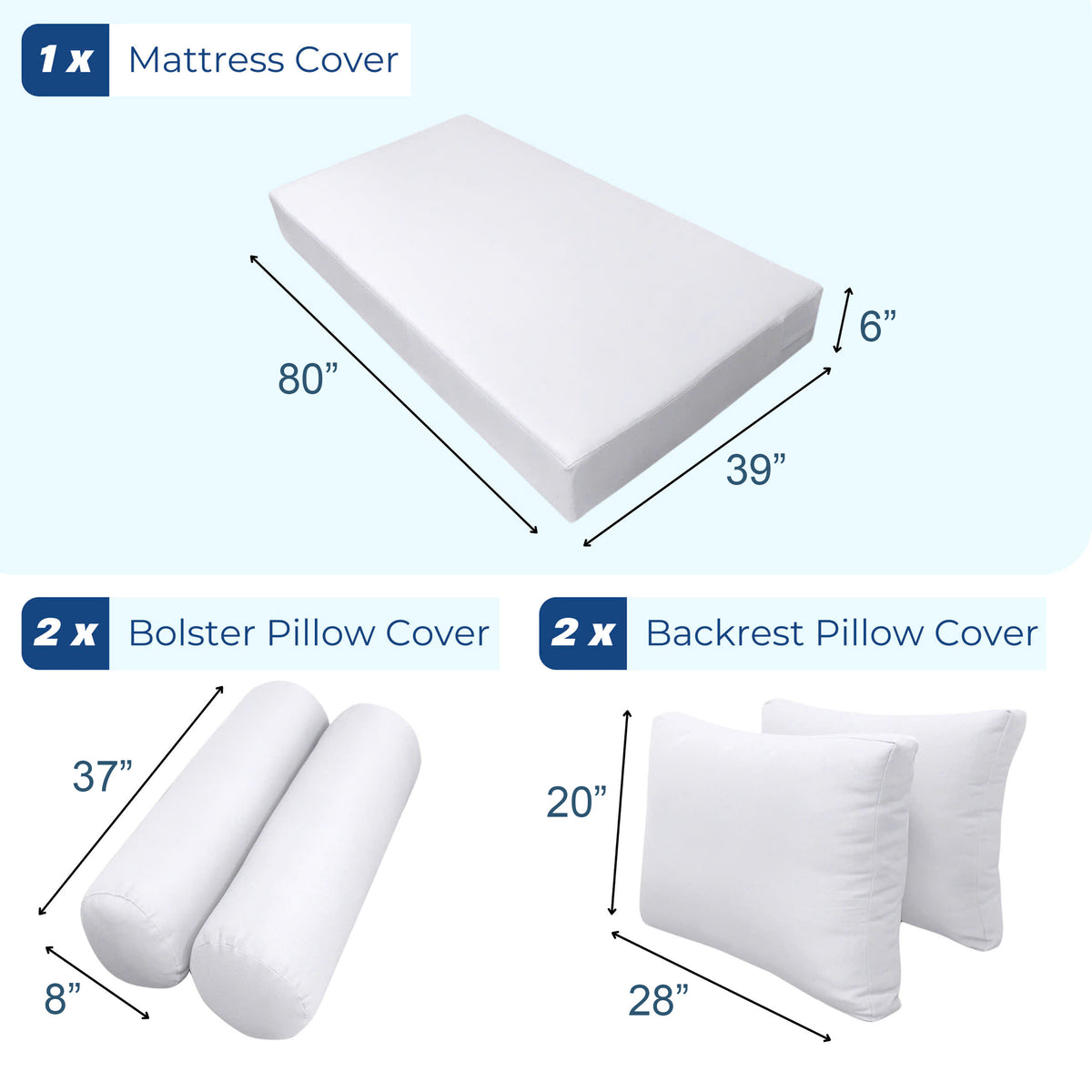 STYLE 1 - Mattress & Pillow Bolster Cushion for Outdoor Indoor Daybed Porch Swing Bed Piped Trim Twin-XL Size AD001 | COVERS ONLY |
