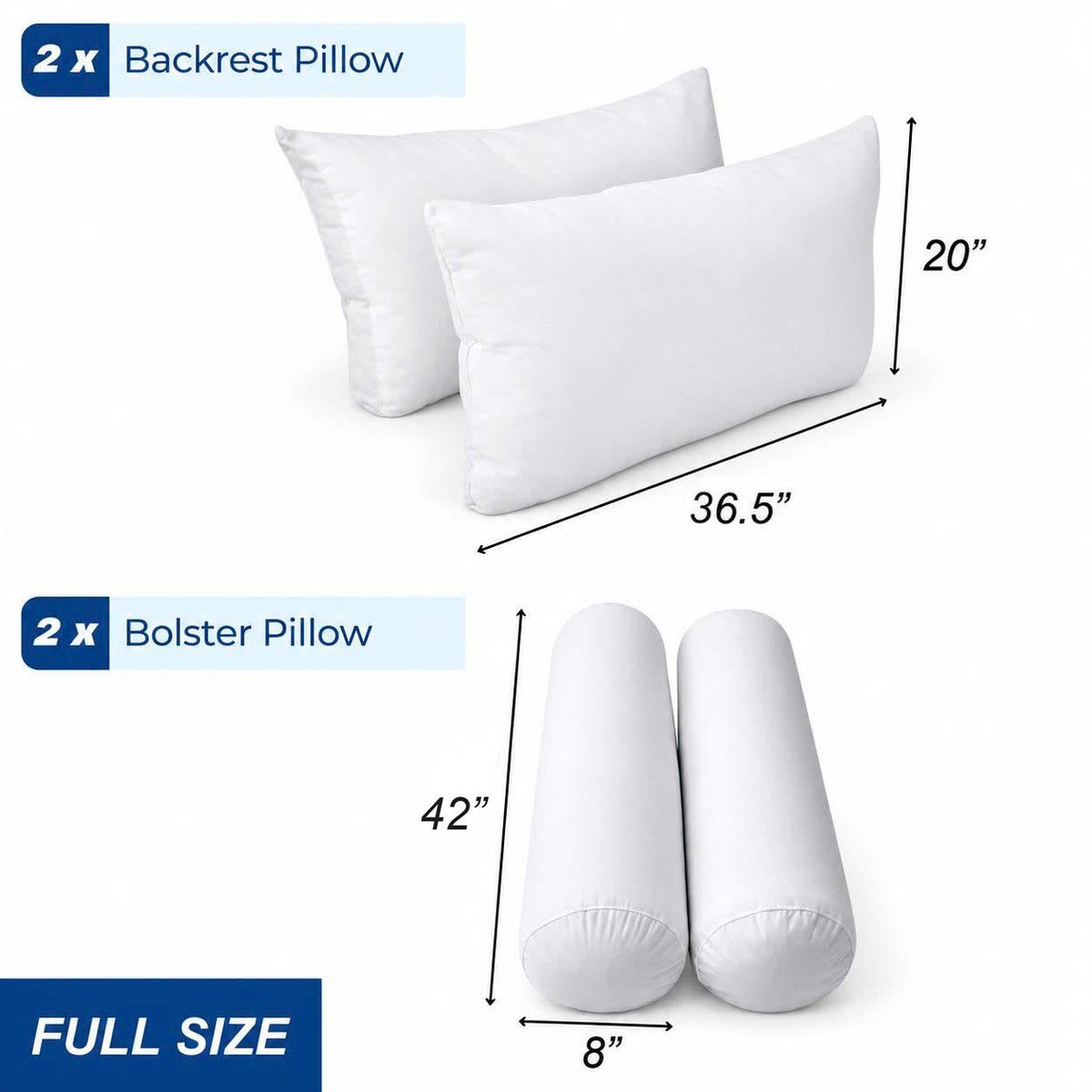 STYLE 2 FULL SIZE Pillow & Bolster Cushion Polyester Fiberfill Inserts for Outdoor Indoor Daybed Porch Swing Bed | INSERT ONLY |