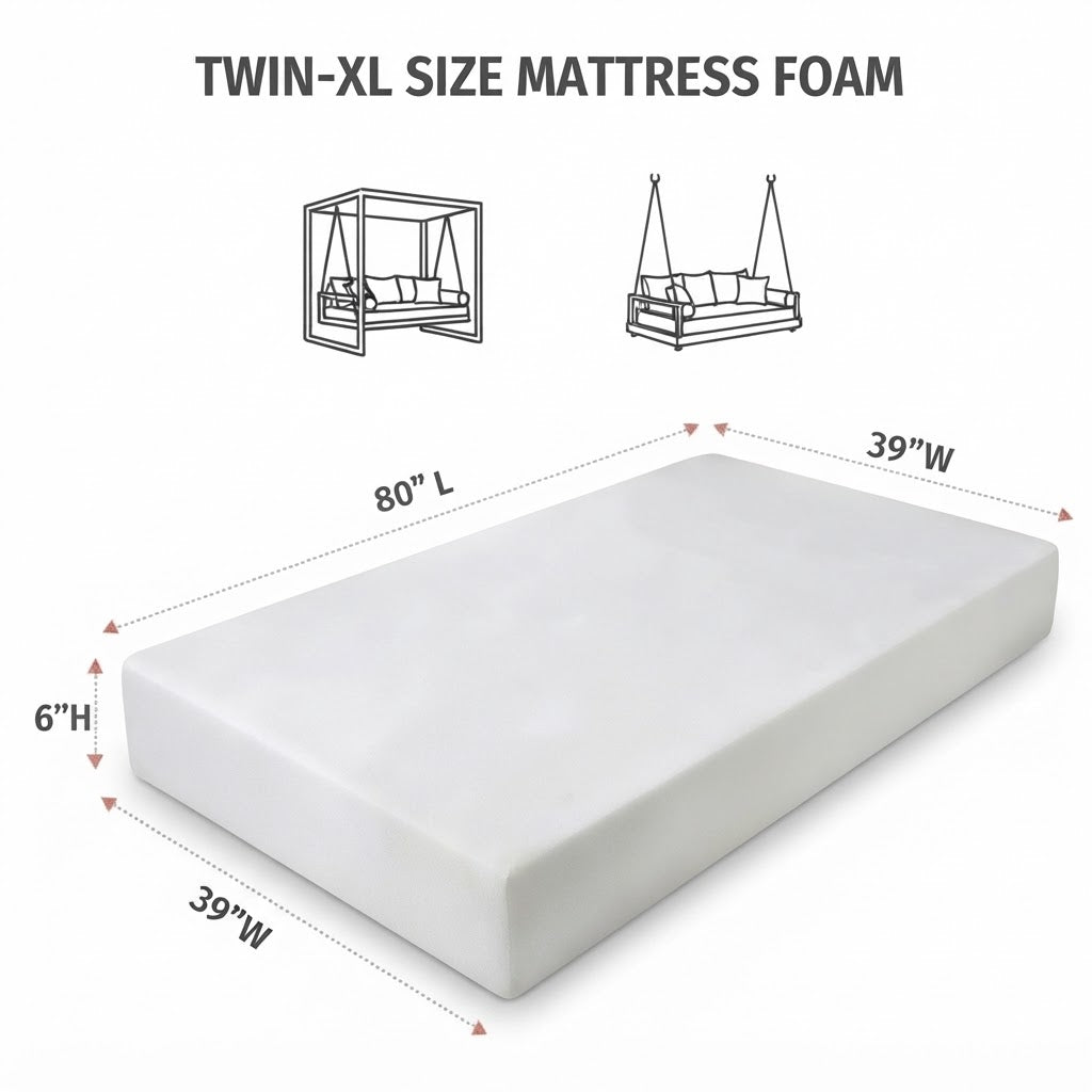 Twin-XL Size 80x39x6 Outdoor Foam Daybed Mattress High Density 1.8 PCF Medium Firm For Patio Daybed Porch Swing Bed
