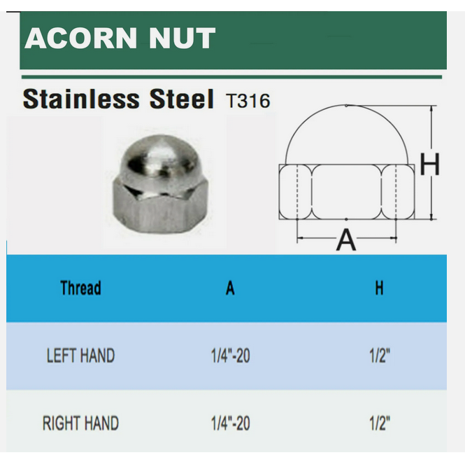 10 PC LEFT Hand Thread 1/4''  Stainless Steel 316 Cap Acorn Hex Nut UNC Marine