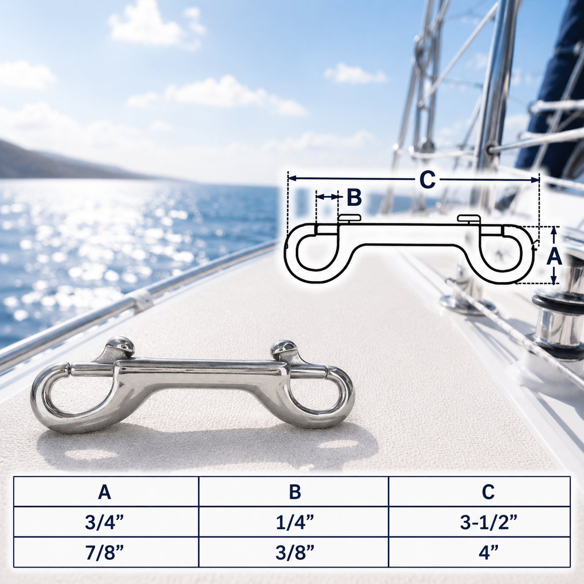 4 Pc Set Marine T316 Stainless Steel Double Bolt Snap Hook, Eye Bolt Hook Snap Lock for Rope, Chain, Cable, and Rigging