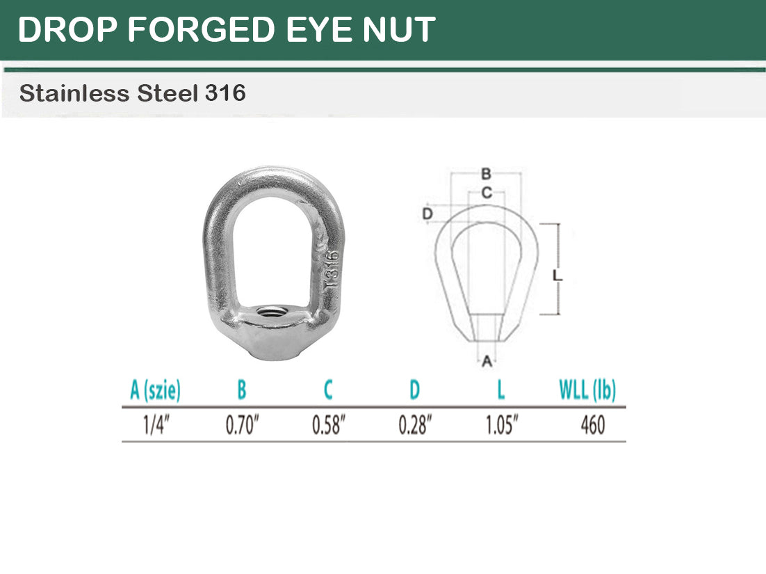 20 PC Stainless Steel T316 Forged Style 1/4" Eye Nut WLL 460 Lbs Lifting Marine Thread Ring Oval