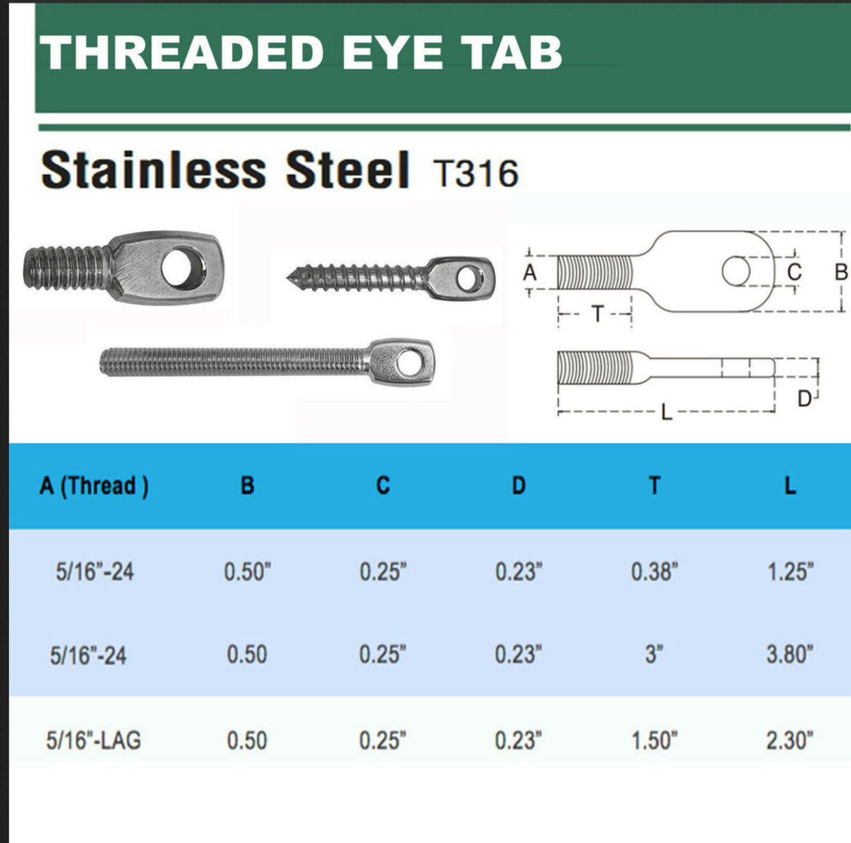 T316 Stainless Steel Threaded Eye Tab 5 Pack, 5/16"-18, 5/16"-24, and 5/16" Lag Thread Marine Grade Cable Hardware