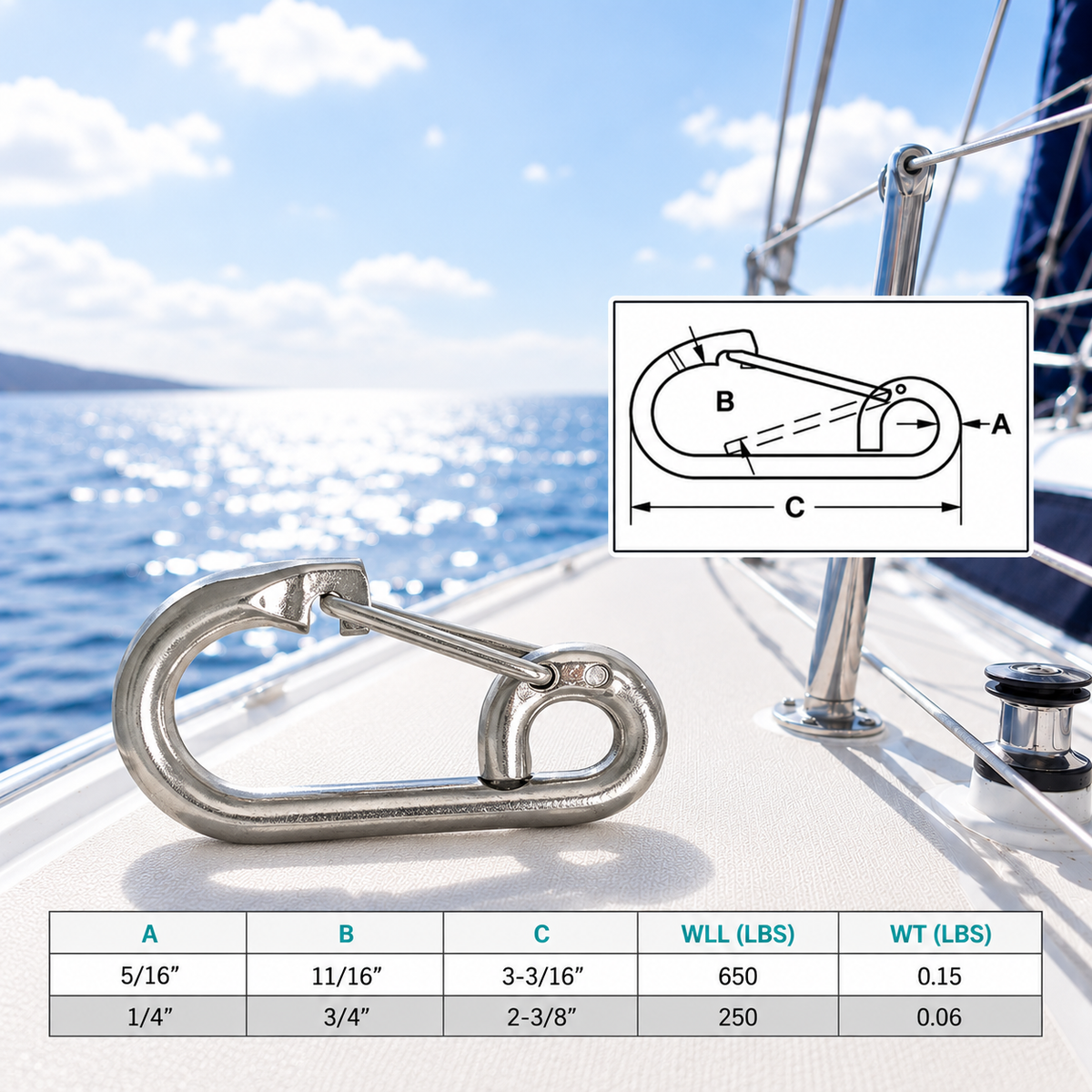 5 Pc Set Stainless Steel T316 Marine Boat Spring Snap Type Harness Clip, 1/4" and 5/16" Rope, Chain, and Rigging